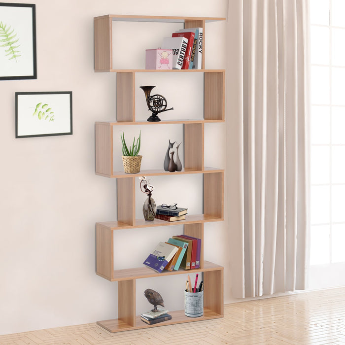76" 6-Tires Wooden Bookcase S Shaped Storage Display Unit