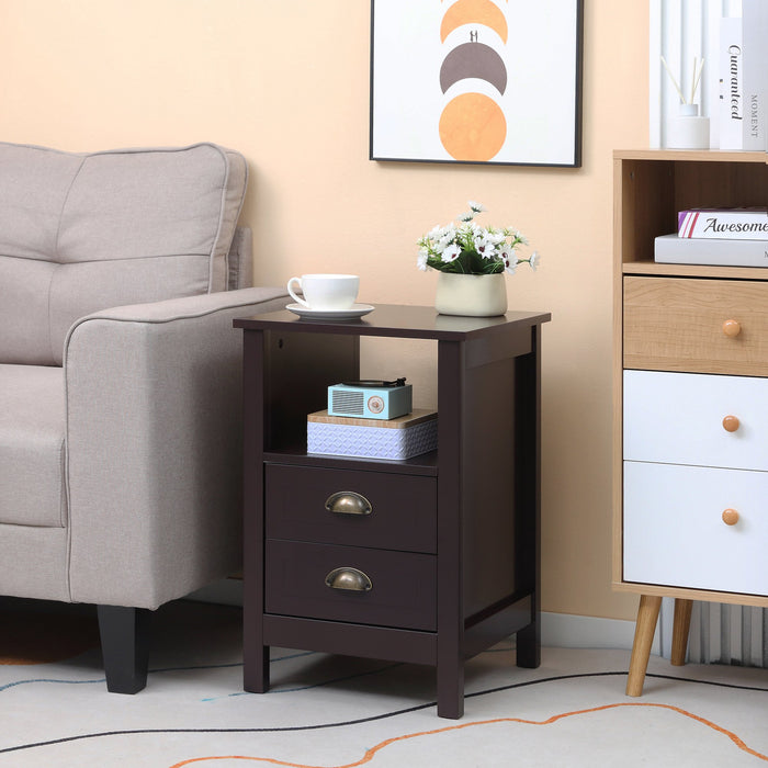 Modern End Table with 2 Drawers and Storage Shelf